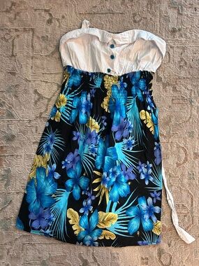 Teen Floral Strapless Sundress - Blue & Yellow Tropical Print sz m